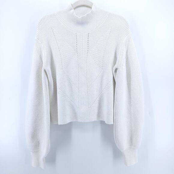 French Connection Sweaters - French Connection White Polymide Crop LaceKnit MockNeck Sweater Balloon Sleeve M